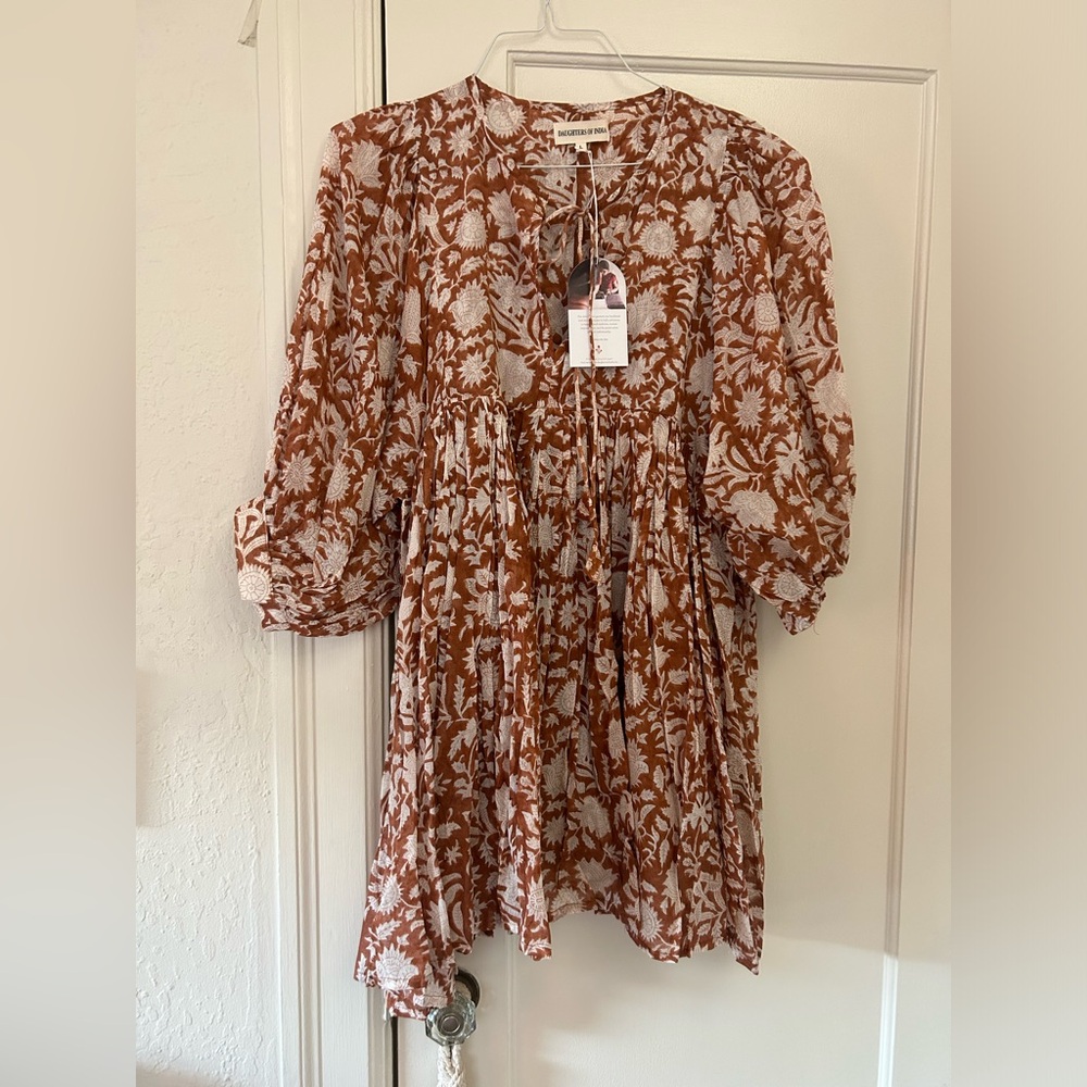 NWT Daughters of India Kyra Mini Dress Caramel size L